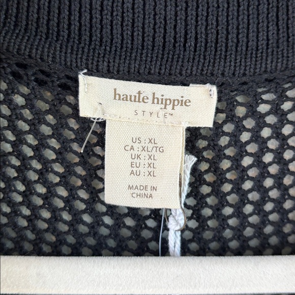 Haute Hippie Black Open-Knit Polo Collar Cover Up XL NWT - Picture 3 of 8